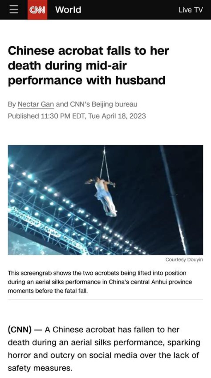 Shocking Death: Chinese Acrobat Plunges To Death During Performance